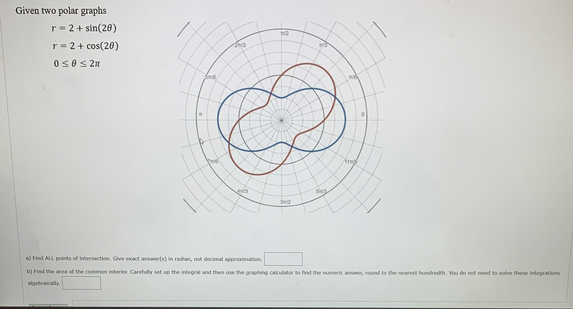 Solved Given two polar graphsr=2+sin(2θ)r=2+cos(2θ)0≤θ≤2πa) | Chegg.com