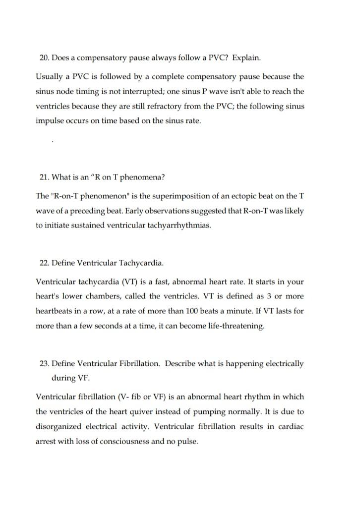 Solved 20. Does a compensatory pause always follow a PVC?