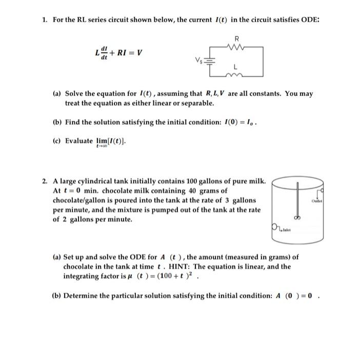 Solved 1. For the RL series circuit shown below, the current | Chegg.com