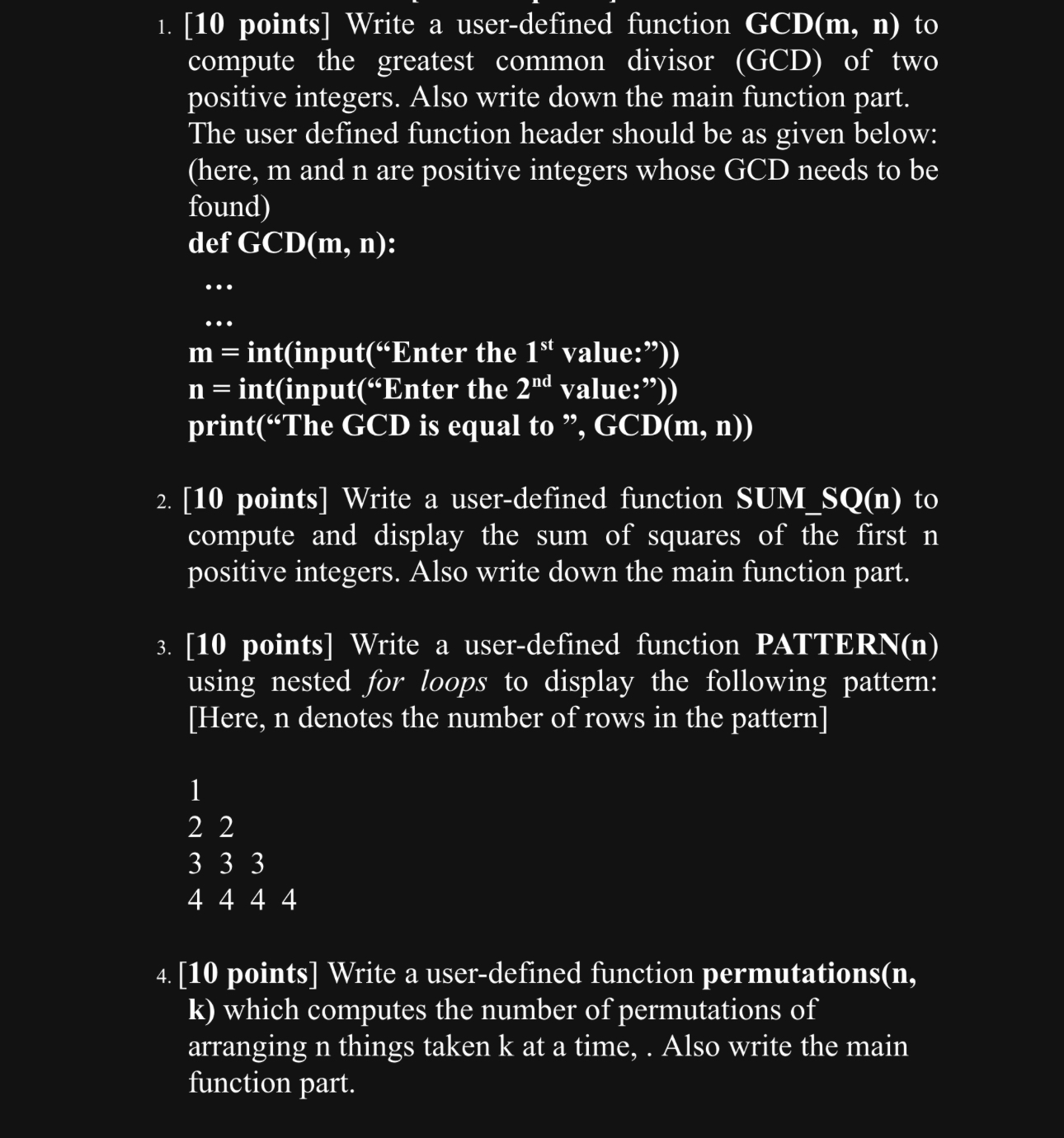 Solved [10 ﻿points] ﻿Write a user-defined function GCD(m,n) | Chegg.com