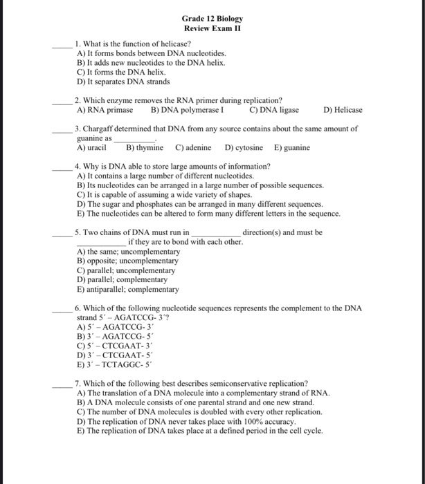 Solved Grade 12 Biology Review Exam II 1. What is the | Chegg.com