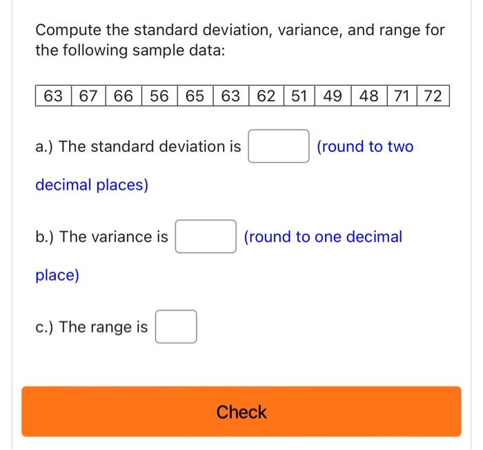 Solved Compute the standard deviation, variance, and range | Chegg.com