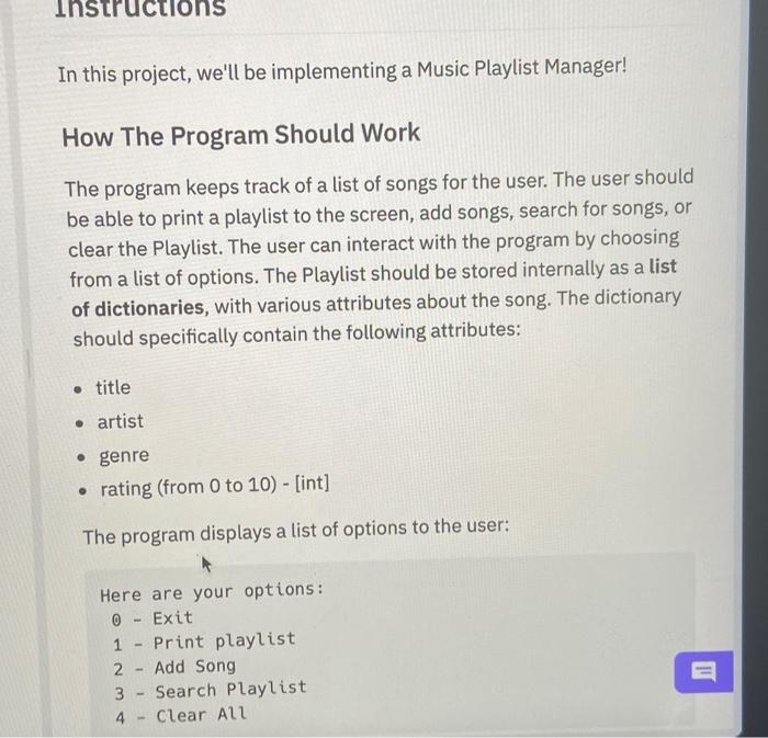 Solved Instructions In this project, we'll be implementing a | Chegg.com