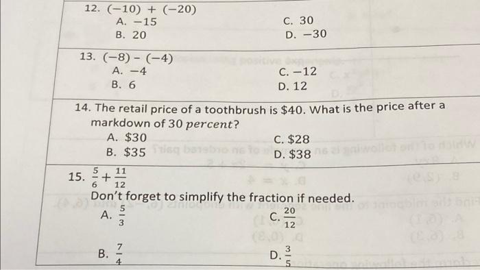 Solved 12. (-10) + (-20) A. -15 B. 20 C. 30 D. -30 13. (-8) | Chegg.com