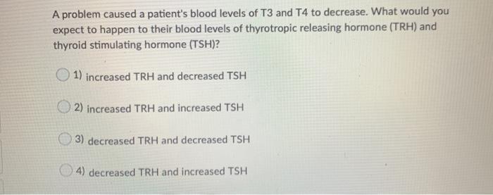 A problem caused a patients blood levels of T3 and T4 to decrease. What would you expect to happen to their blood levels of