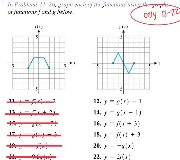 In Problems 11-26, graph each of the functions using the graphs of functions f and g below. only 12-22 f(x) g(x) 5 5 X -5 -5