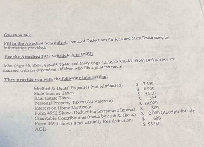 Solved Question # 62 Fill in the Attached Schedule A, | Chegg.com