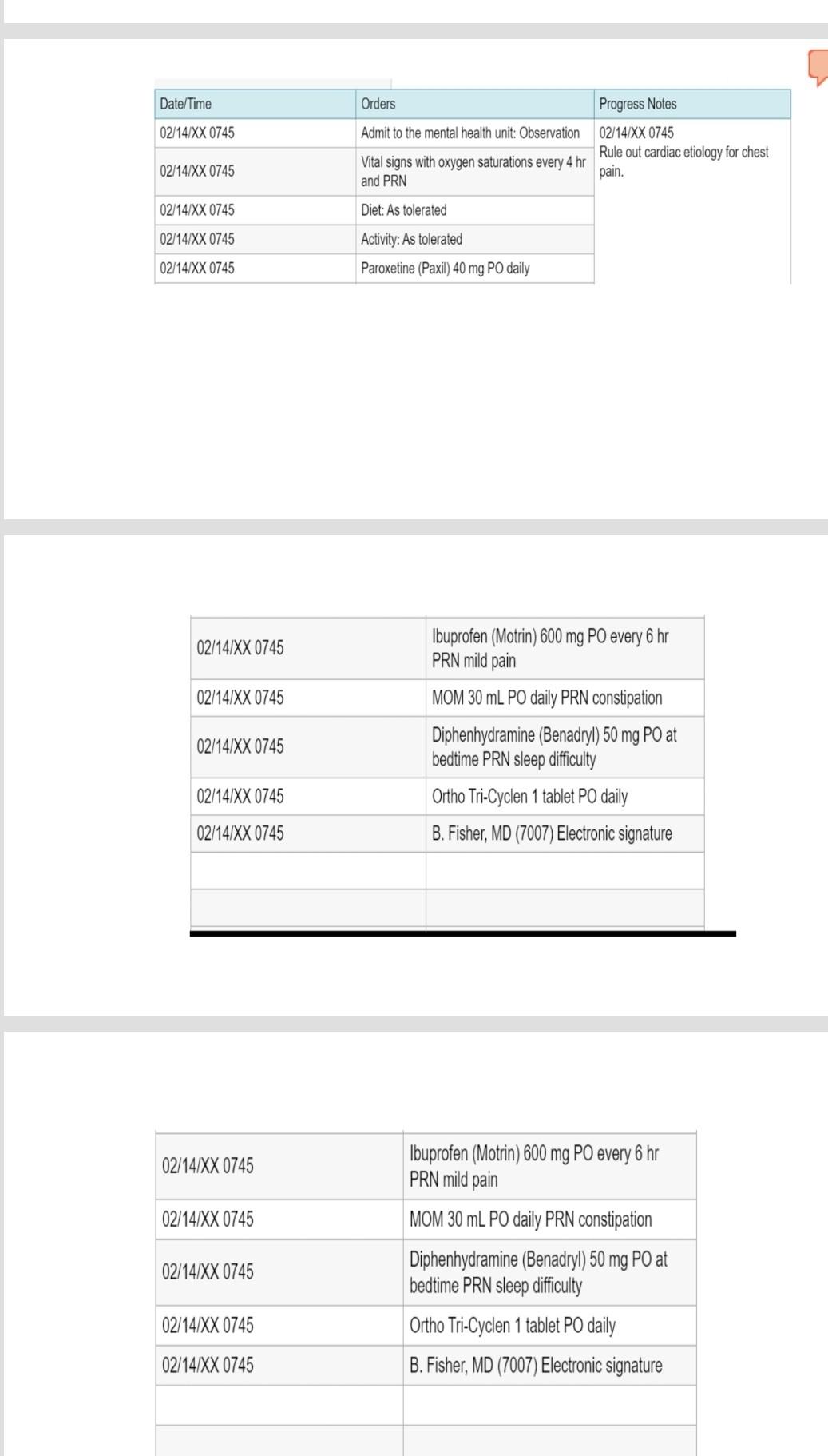 Date/Time Orders 02/14/XX 0745 Admit to the mental health unit: Observation Progress Notes 02/14/XX 0745 Rule out cardiac eti