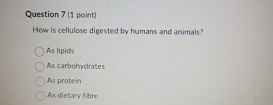 Solved Question 7 (1 ﻿point)How is cellulose digested by | Chegg.com