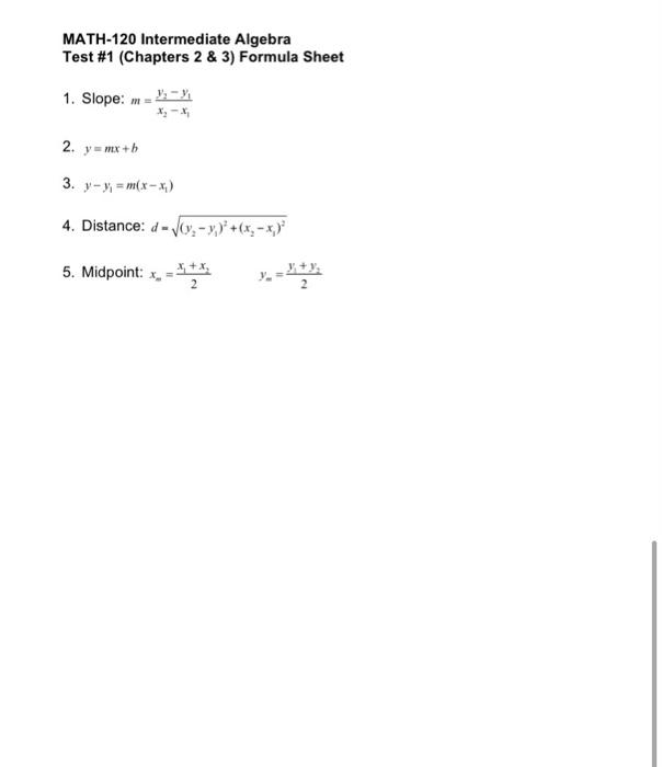 algebra 1 formula sheet