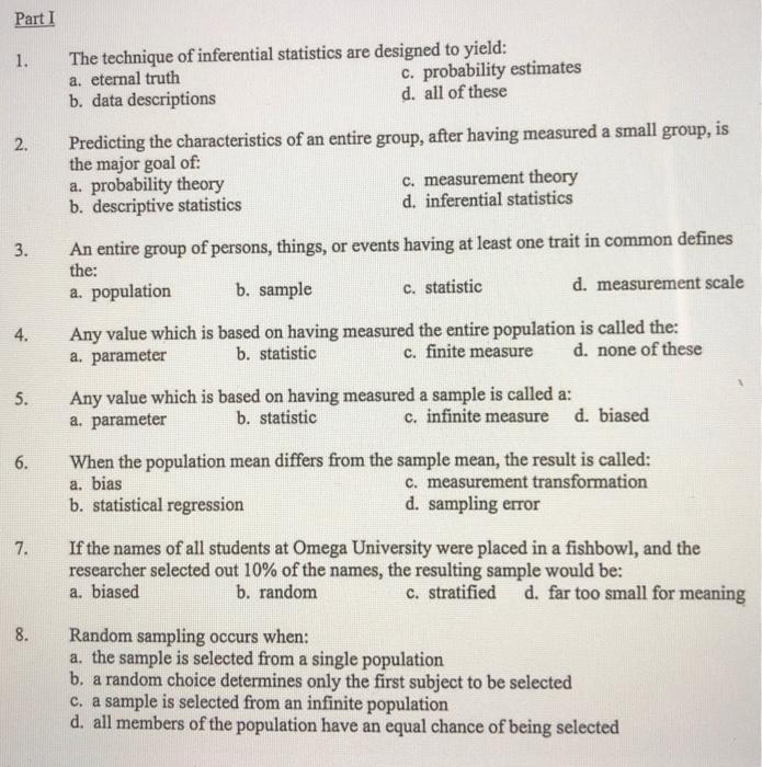 Solved Part I 1 The Technique Of Inferential Statistics Are Chegg Com