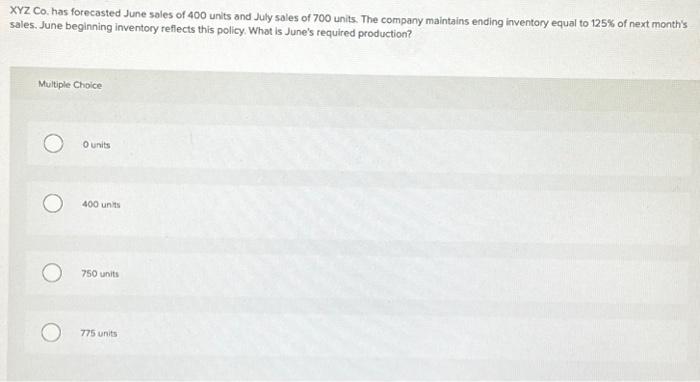 Solved XYZ Co. has forecasted June sales of 400 units and | Chegg.com