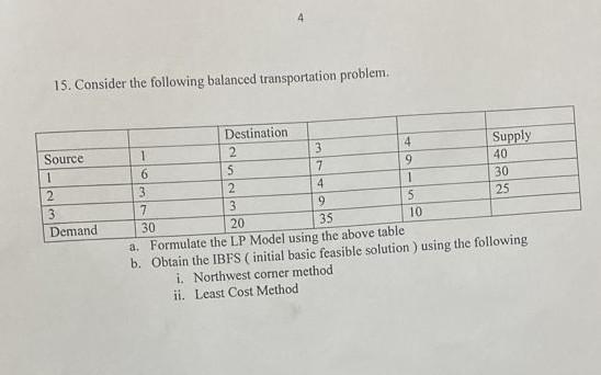 Solved 15. Consider the following balanced transportation | Chegg.com