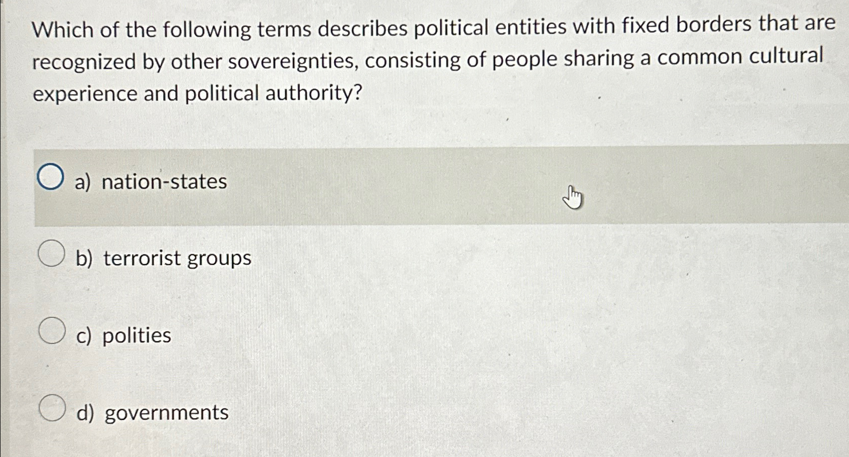 Solved Which of the following terms describes political | Chegg.com