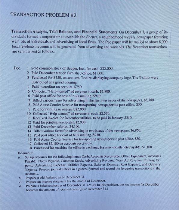 Solved Transaction A nalysis, Trial Balance, and Fínancial | Chegg.com