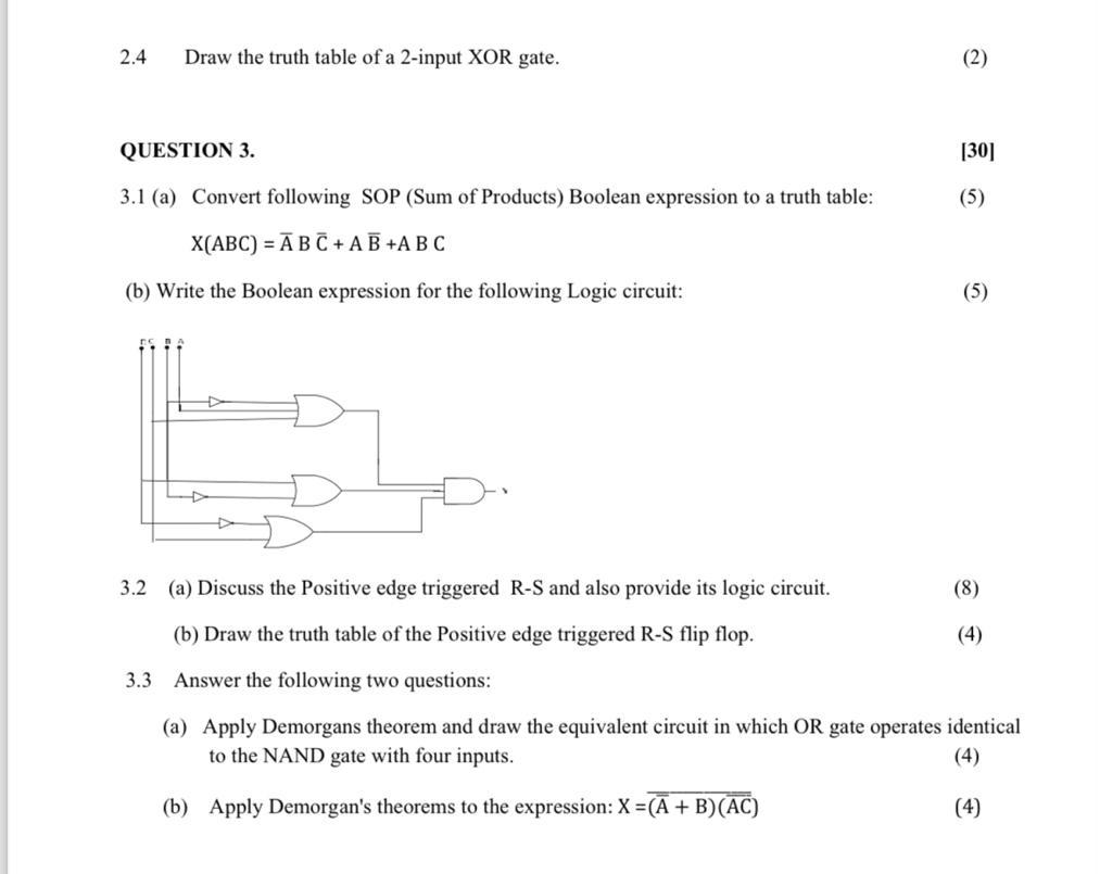 Solved 2.4 ﻿Draw the truth table of a 2-input XOR | Chegg.com