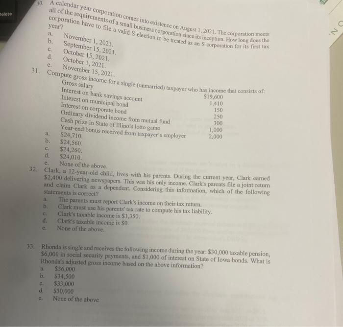 Solved 30. A calendar year corporation comes into existence | Chegg.com