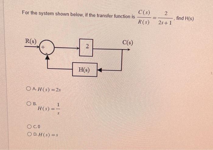 Solved For the system shown below, if the transfer function | Chegg.com image.