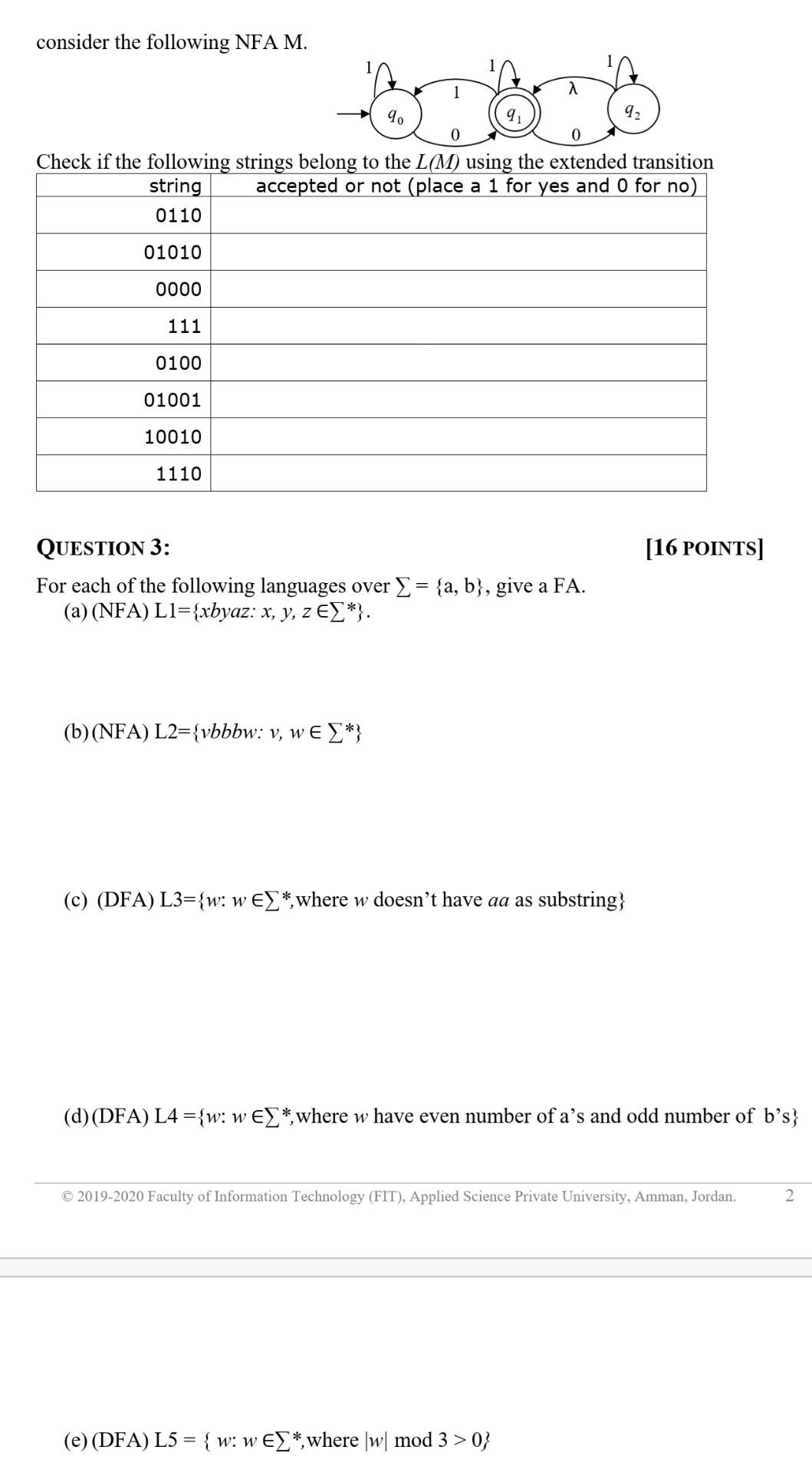 Solved Consider The Following NFA M. λ 9. 9 92 0 0 Check If | Chegg.com