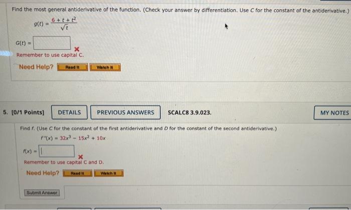 Solved Find The Most General Antiderivative Of The Function