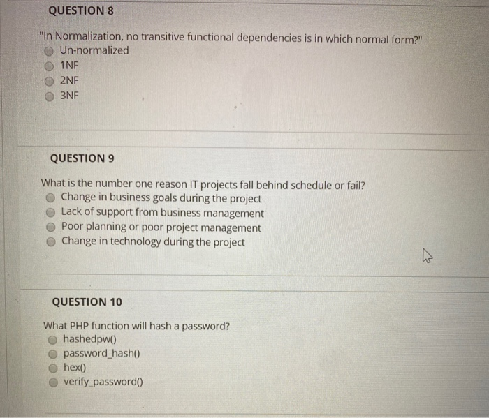 Solved QUESTION 8 "In Normalization, No Transitive | Chegg.com