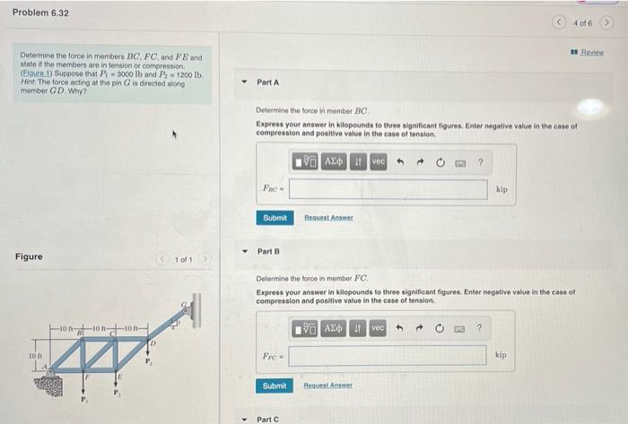 Solved Problem 6.32 4 of 6 1 Review Determine the force in | Chegg.com