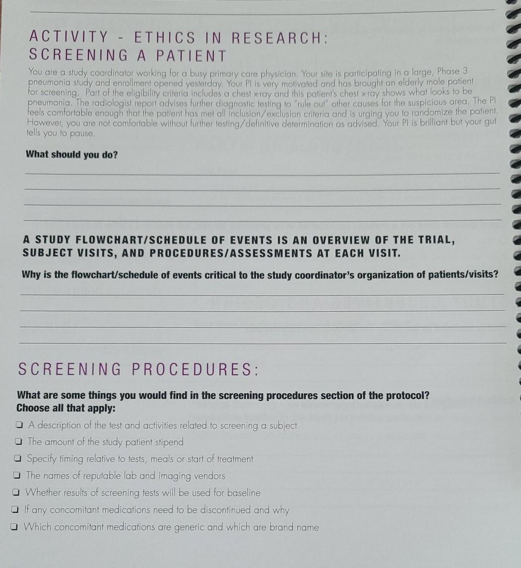 ACTIVITY - ETHICS IN RESEARCH: SCREENING A PATIENT | Chegg.com