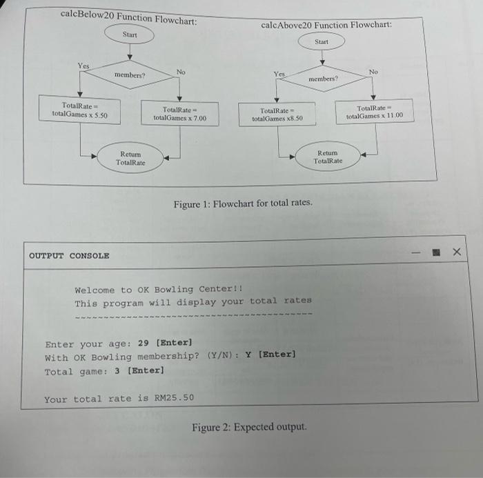 calcBelow 20 Function Flowchart:
Start
Yes
No
members?
TotalRate=
totalGames x 5.50
TotalRate-
totalGames x 7.00
calcAbove 20
