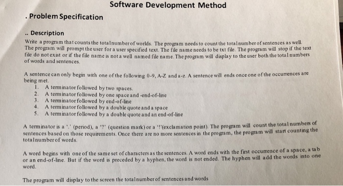 Solved Software Development Method . Problem Specification | Chegg.com