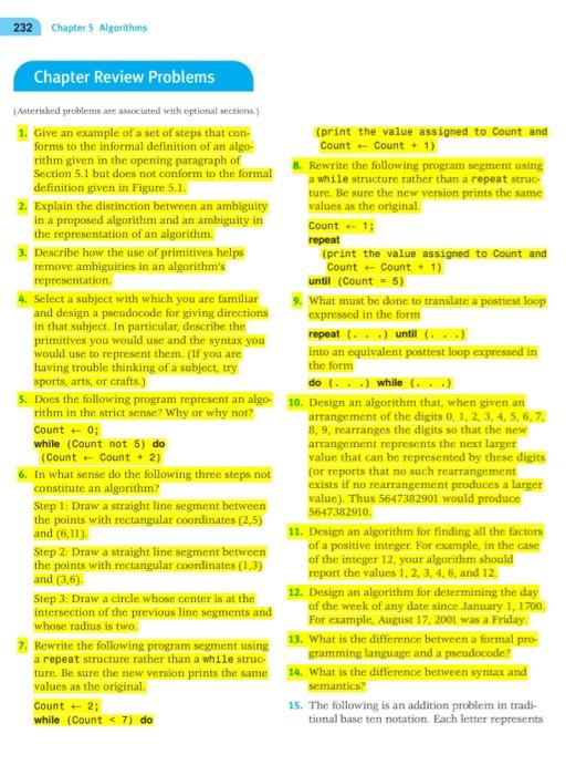 Solved 232 Chapter 5 Algorithms Chapter Review Problems | Chegg.com
