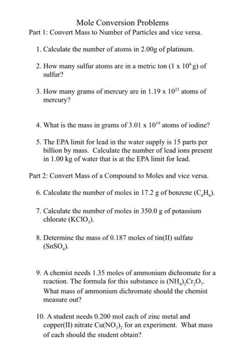 Solved Mole Conversion Problems Part 1: Convert Mass to | Chegg.com