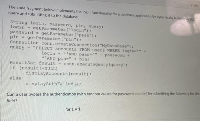 Solved The Code Fragment Below Implements The Login | Chegg.com