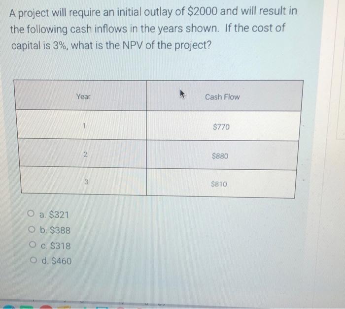 Solved A project will require an initial outlay of $2000 and | Chegg.com