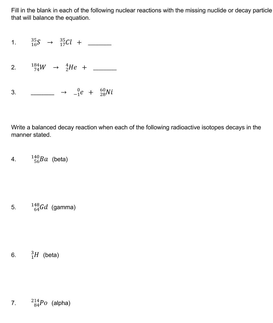 Solved Fill In The Blank In Each Of The Following Nuclear | Chegg.com