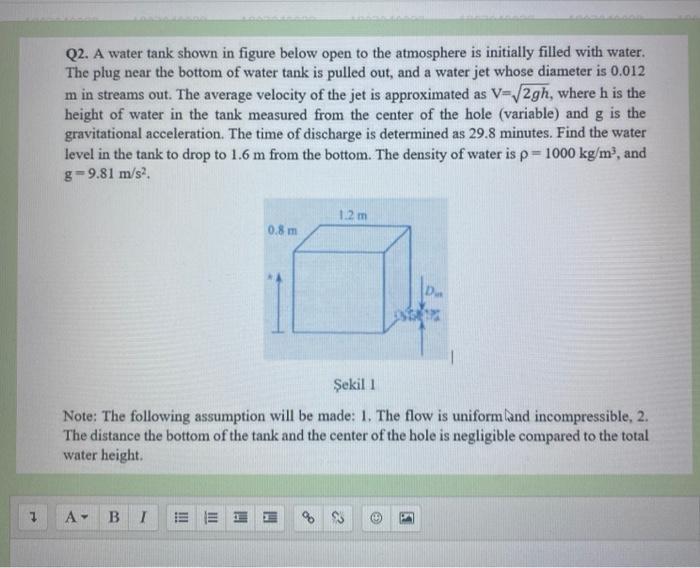 Solved Q2. A water tank shown in figure below open to the | Chegg.com