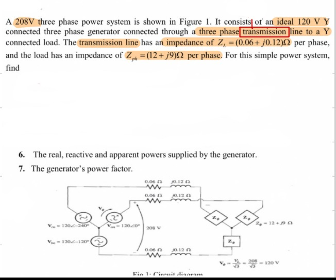 Solved A 208V three phase power system is shown in Figure 1. | Chegg.com