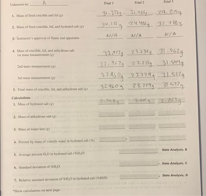 Solved А Unknown no Trial 1 Trial 2 Trial 3 1. Mass of fired | Chegg.com
