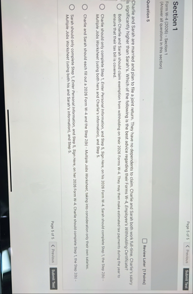 Solved Page 5 of 5PreviousSection 1Form W-4 (2026) - | Chegg.com