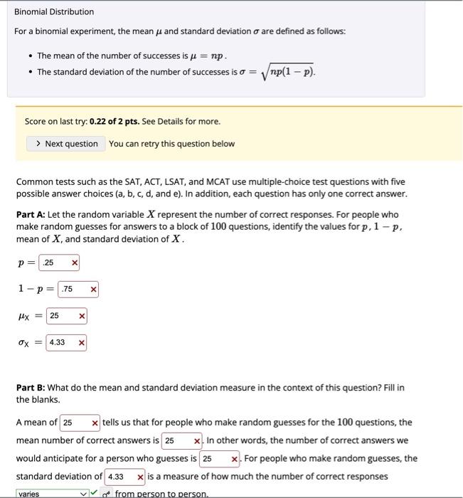 Solved Binomial Distribution For A Binomial Experiment The 9651