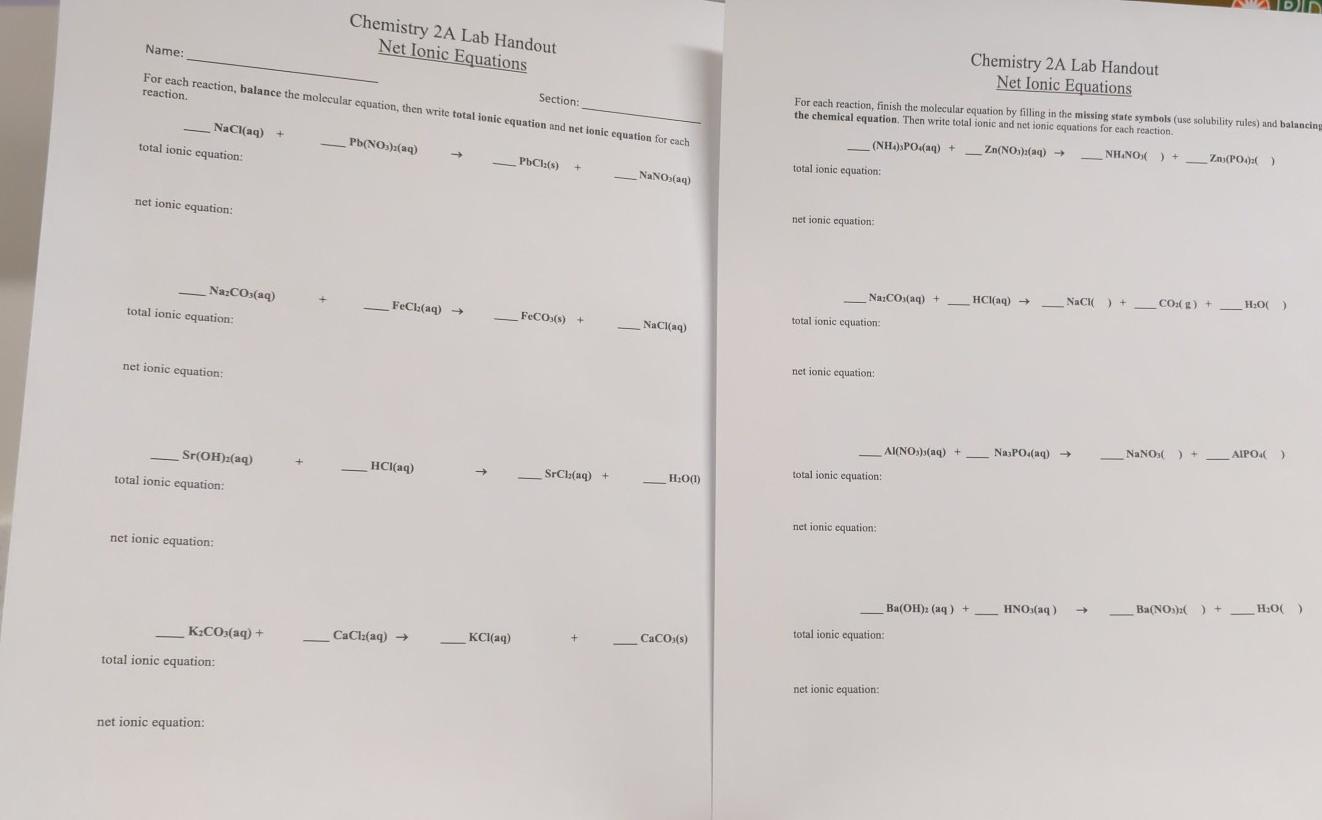 Solved Chemistry 2a Lab Handout Net Ionic Equations Name 4565