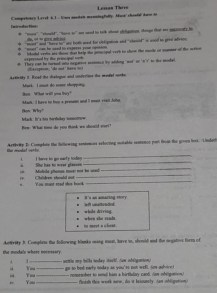 Lesson Three Competency Level 6 3 Uses Modals Chegg Com