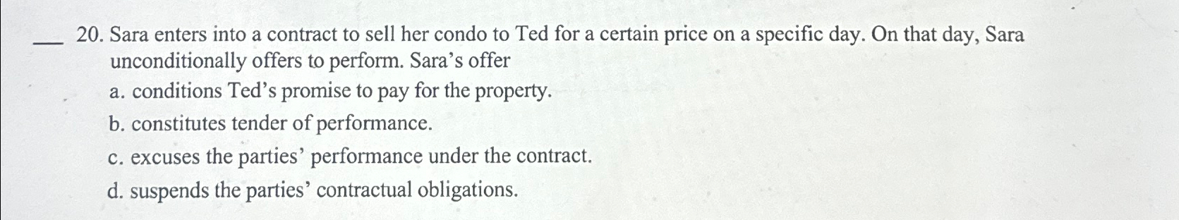 Solved Sara enters into a contract to sell her condo to Ted | Chegg.com