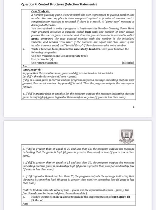 Solved Question 4: Control Structures (Selection Statements) | Chegg.com