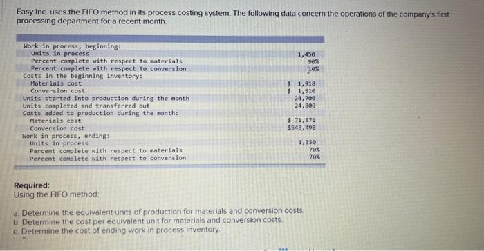 Easy Inc. uses the FIFO method in its process costing system. The following data concern the operations of the companys firs