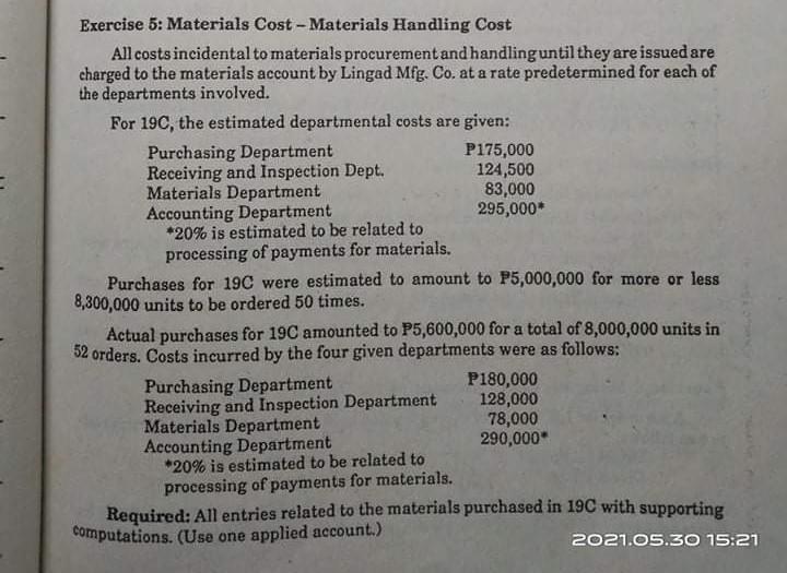 Exercise 5 Materials Cost Materials Handling Cost