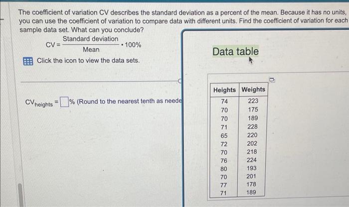 Solved The coefficient of variation CV describes the | Chegg.com