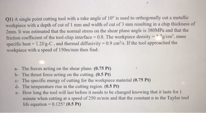 Solved Q1) A single point cutting tool with a rake angle of | Chegg.com