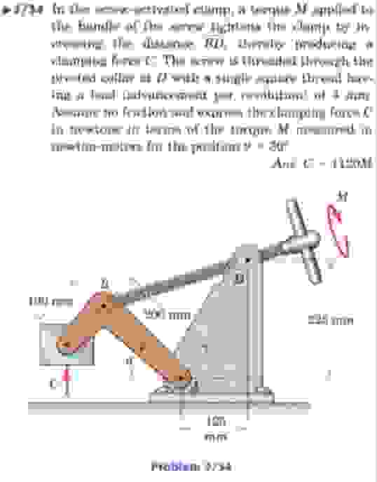 Toque M Solved In the screw-activated clamp, a torque M applied to | Chegg.com