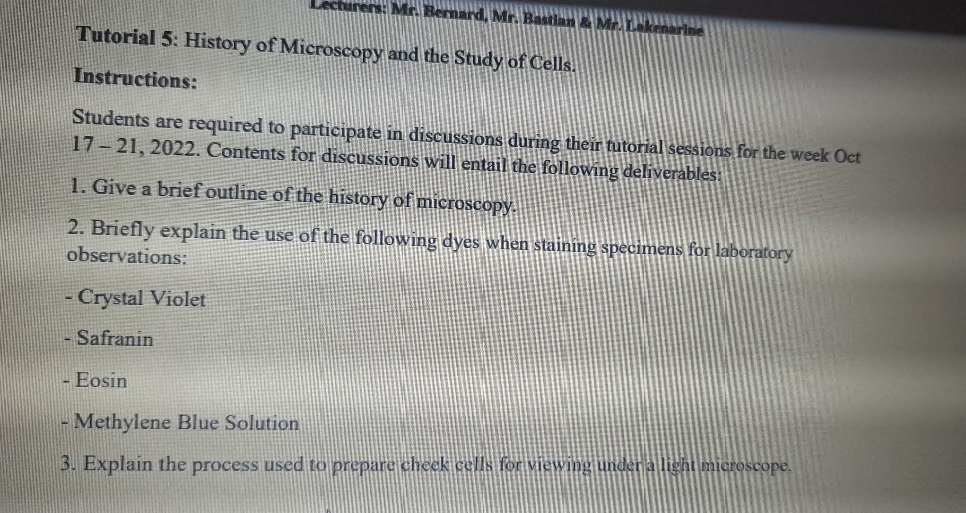 Solved Tutorial 5 History of Microscopy and the Study of
