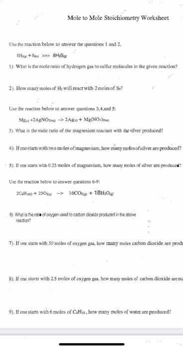 Solved Mole to Mole Stoichiometry Worksheet Use the reaction | Chegg.com
